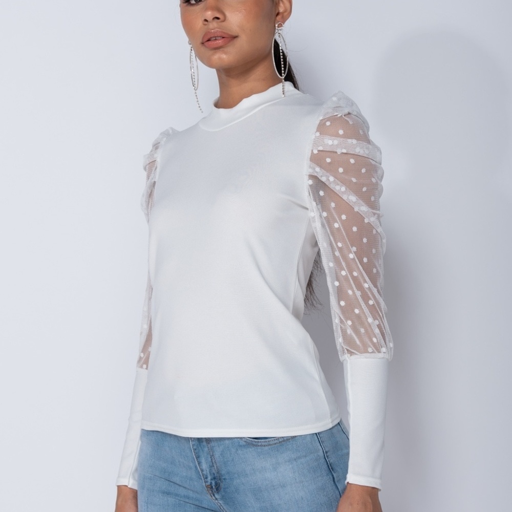 Cassie White Polka Dot Sheer Sleeve Blouse Top - Picture 2 of 8